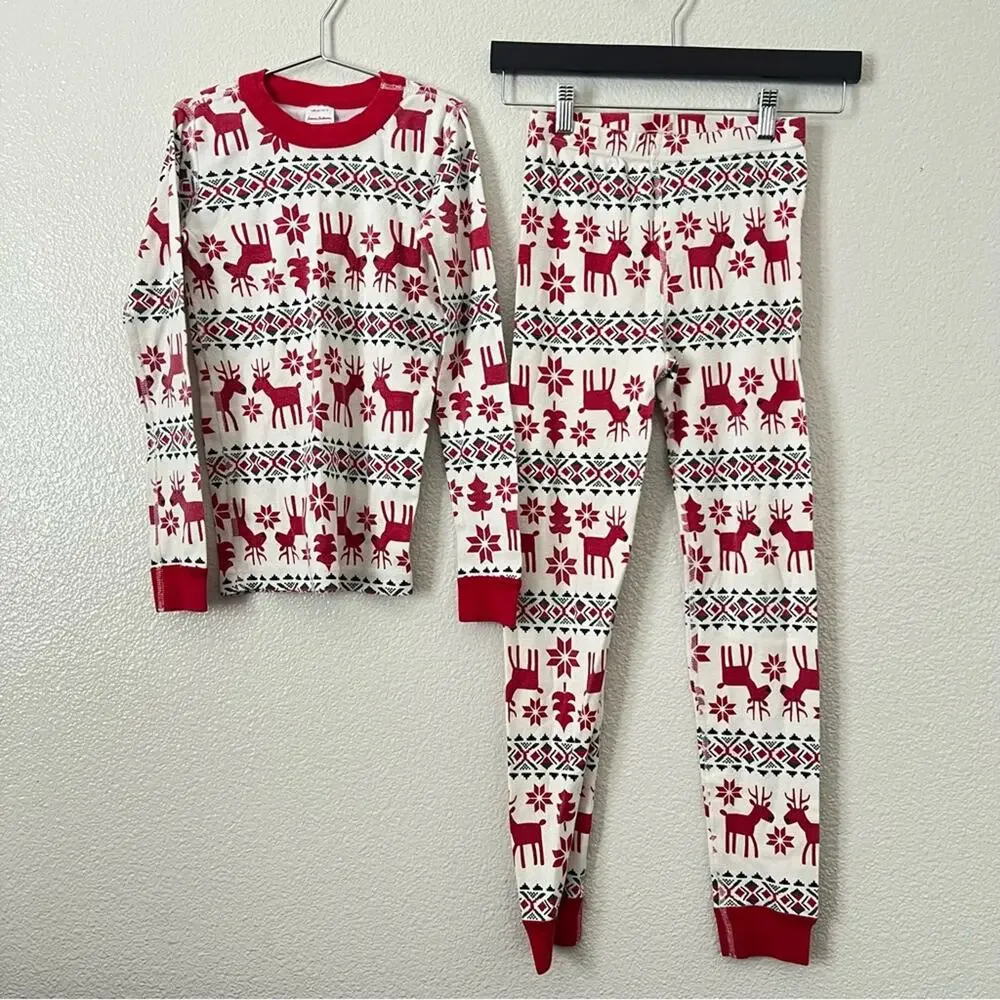 Hanna Andersson Dear Deer Long John Pajama Set Red Ivory Cream Winter Christmas